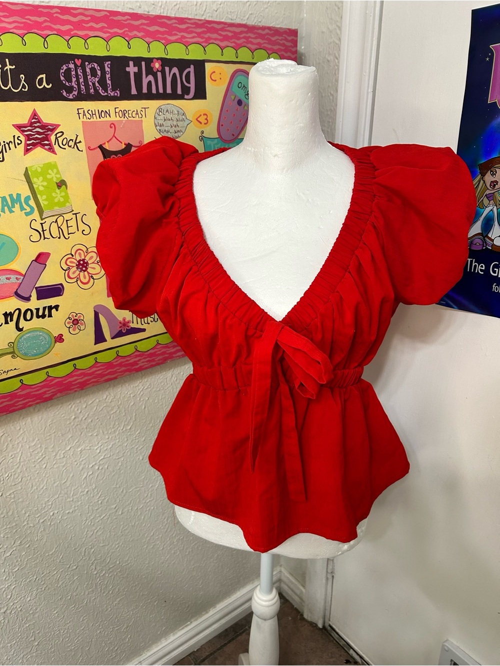 Sienna Sky Red Puff Sleeve Tie-Front Blouse